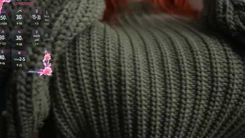 A close-up video of a person wearing a textured, olive-green knitted sweater with a noticeable ribbed pattern. The background is blurred, featuring a small, pink floral design on the left.