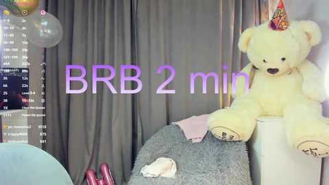 Video of a baby's room with a fluffy white teddy bear, a pastel-colored ball, and a BBR 2 min digital display, surrounded by light gray curtains and a soft gray blanket.