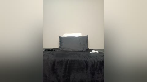 A video of a minimalist, empty bedroom with a single dark gray bedspread and pillow, centered against a plain, light beige wall.