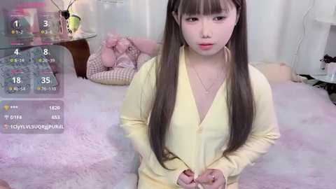 Video of an Asian woman with long, straight brown hair, wearing a yellow cardigan, standing on a fluffy pink carpet in a softly lit room with white walls.