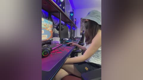 Video of a young woman with long brown hair wearing a gray bucket hat and a white tank top, seated at a gaming desk with multiple monitors, gaming equipment, and a headset.