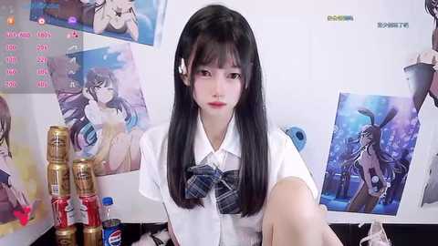 Media: Video of an Asian woman with long black hair and fair skin, wearing a white blouse and plaid bow, sitting in a room with posters, a drink, and a laptop.