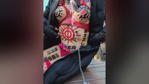 Video of a person wearing a Japanese-style bondage outfit, with a red bandana, chains, and a patterned kimono, seated on a wooden floor, with blurred background.