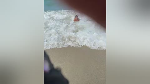 A video shows a small person standing in the frothy, white waves of the ocean. The person, dressed in red shorts, is dwarfed by the large, foamy waves. The background is blurred, emphasizing the person's tiny figure.