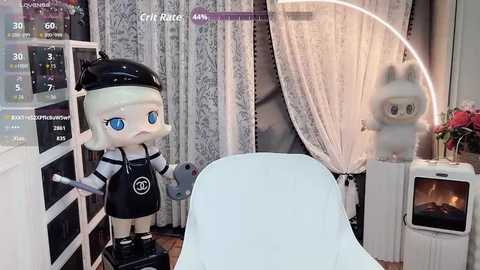Video of a futuristic beauty salon featuring a white chair, a white screen, a doll-like mannequin with blue eyes, and a vintage CRT TV displaying a red rose.