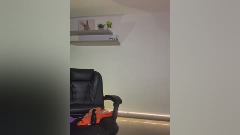 Video of a minimalist living room with a black leather armchair, a black coffee table, and a small orange item on the floor. A modern, white floating shelf with a decorative sculpture and potted plant is mounted on the wall.