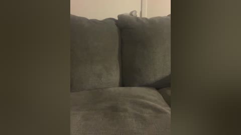 A video of a beige sectional sofa with plush, textured cushions. The background shows a plain white wall. The image is slightly blurry, possibly due to a low-light setting.