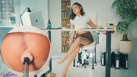 A video of a woman with medium skin tone, seated on a white chair in a modern office, wearing a white crop top and leopard print skirt. An enlarged close-up of her anus is in the foreground.