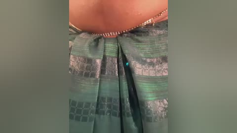 A close-up video of a woman's torso in a green, patterned sari. The fabric features horizontal stripes and a decorative geometric pattern. The sari is pleated and falls to her waist, showcasing her midsection.