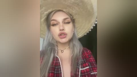 Video of a young woman with long, platinum blonde hair and fair skin, wearing a large, beige straw hat and a red plaid shirt. She has a sultry expression and wears dark makeup.