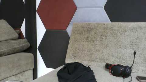 A video of a beige carpeted room with a black and red hexagonal patterned wall. A black camera and tripod are on the floor near a green couch.