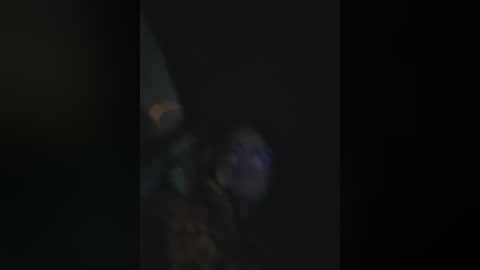 A blurry, dimly lit video with a person's head and shoulders partially visible, wearing a dark jacket, in a dark, possibly nighttime setting.