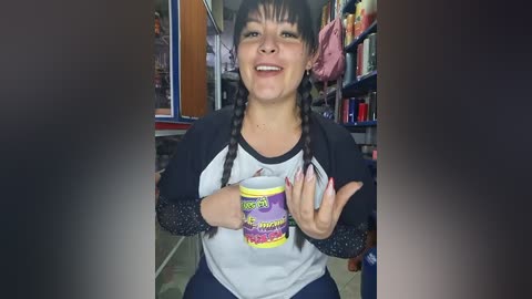 Video of a smiling Latina woman with braided hair, wearing a gray and black graphic t-shirt, holding a purple mug, in a cluttered, brightly lit store with shelves in the background.
