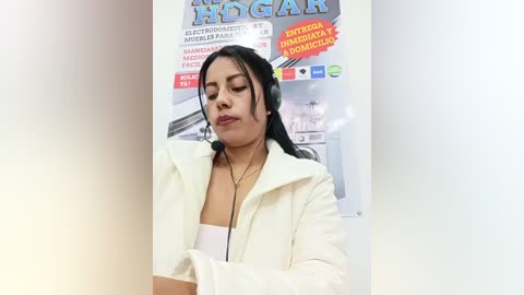 Video of a young woman with dark hair and fair skin, wearing a white jacket, headphones, and a casual outfit, standing in a modern, white-walled room with promotional posters.