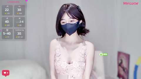 Video of an East Asian woman with pale skin, short black hair, and a dark blue face mask, wearing a lace pink dress, standing indoors.