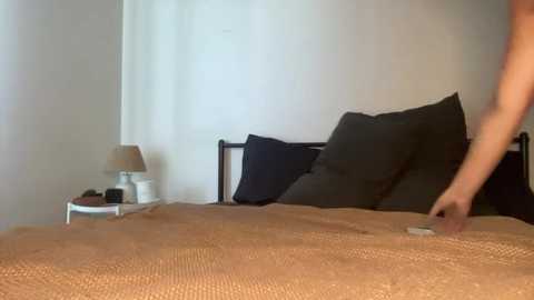 Video of a minimalist bedroom with a beige quilted bedspread, black pillows, and a white nightstand with a lamp and books. A person with a light skin tone and bare arms is adjusting a smartphone on the bed.
