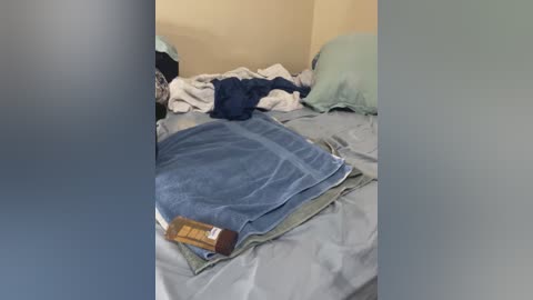 Video of a messy bedroom with a blue towel and clothes on a bed, a brown remote control, and pillows scattered on light-colored bedding against a beige wall.
