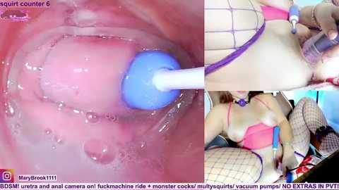 A digitally enhanced, explicit video shows a woman's vagina being penetrated by a blue, squirty cucumber toy, with her fishnet-clad legs spread. The image is labeled \"squirt counter 6\" and \"MaryBrock!\