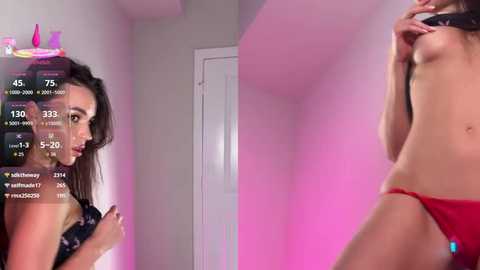 Video of a woman with long brown hair, wearing a black bra and red panties, standing in a pink-lit room, with social media app screen overlay showing likes and comments.