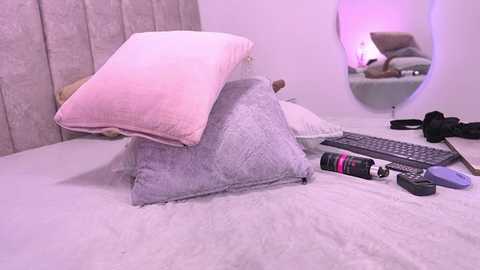 Video of a minimalist bedroom with a gray cushion on a white bed, pink pillow, and black camera, under a wall-mounted round mirror, lit by soft purple light.