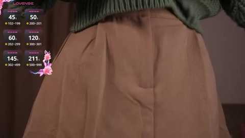 Video of a person wearing a green sweater and brown high-waisted pants, overlaid with a digital overlay showing weather information in a grid. The background is blurred.