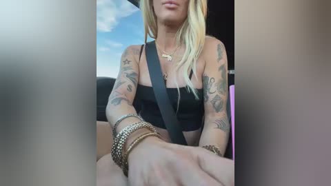 Video of a tattooed, blonde woman in a black strapless top, wearing a seatbelt, sitting in a car with a blue sky and clouds visible through the window.