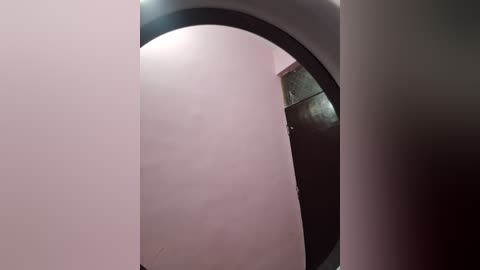 A video of a narrow, dimly lit corridor with smooth, off-white walls and a dark wooden door partially visible in the background. The lighting is soft, creating a muted, slightly eerie atmosphere.