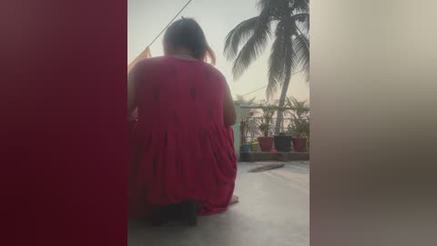 Video of a woman kneeling on a balcony, wearing a red dress, with a palm tree and potted plants in the background under a cloudy sky.
