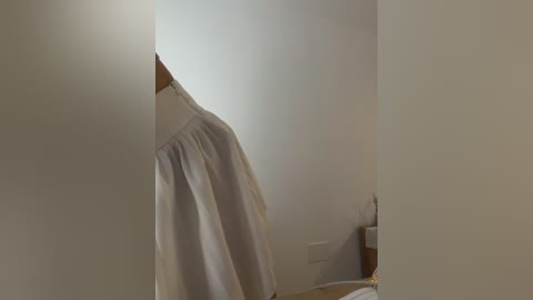 Video of a white garment hanging on a hanger in a dimly lit room with beige walls. The garment has a simple design and the hanger is visible.