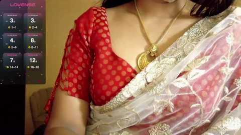 Video of a woman in a red polka-dot blouse with a gold necklace, partially draped in a light pink saree with floral embroidery.