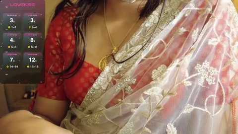 A video showing a woman in a red, lace-patterned blouse and a semi-transparent, floral-patterned saree with a gold necklace. A digital clock displaying 12:32 PM is visible in the background.