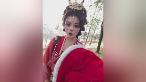 Video of a young woman with fair skin and dark hair, dressed in a vibrant red traditional Chinese costume with intricate embroidery and a gold headdress, standing in a forested area with blurred trees in the background.