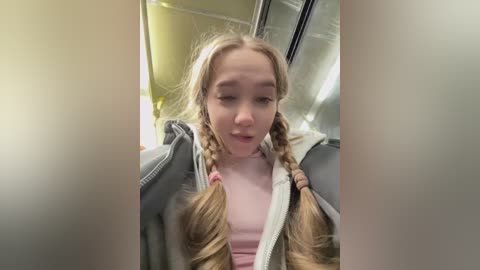 Video of a young, blonde-haired girl with braided pigtails, wearing a pink shirt and a gray jacket, inside a metal elevator. She has a confused expression.