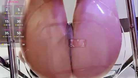 Media: A close-up video of a naked person's buttocks, partially obscured by a clear plastic sheet, with a digital display showing various metrics like \"5\" and \"50\" in the background.