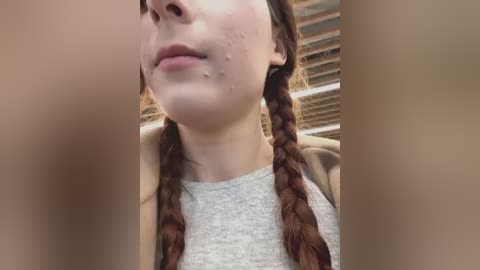 Video of a young woman with fair skin and braided brown hair, wearing a light grey shirt, indoors with horizontal blinds in the background.