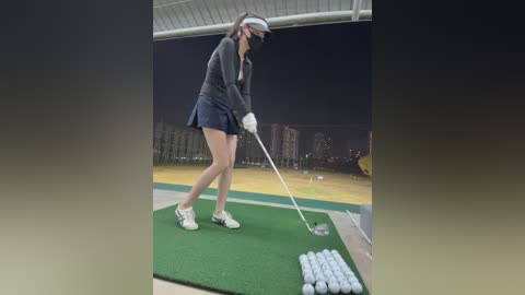 Media: Video of a female golfer in a black outfit, white shoes, and visor, mid-swing on a green putting mat. Background shows dark night sky and distant buildings.