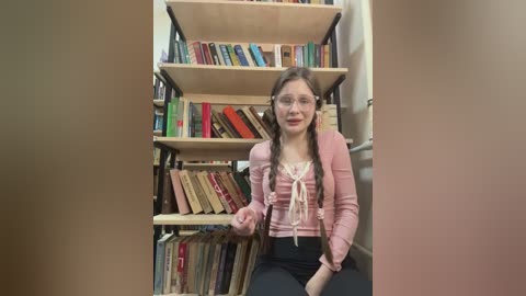 Media: Video of a young Caucasian woman with fair skin, brown hair in pigtails, and glasses, wearing a pink top and black pants, standing in front of a wooden bookshelf filled with colorful books, indoors.