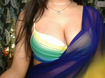 Video of a woman with light skin, wearing a see-through blue saree over a multicolored, sheer bralette. Her long, dark hair cascades over her shoulder, and she wears a delicate necklace. The background features a dark, patterned wall.