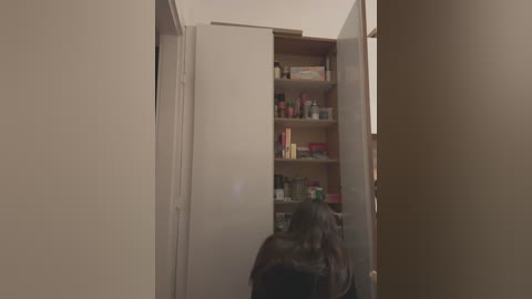 A video of a narrow, dimly lit hallway with beige walls, featuring a partially open door revealing a cluttered pantry with various canned goods and boxes. The figure of a person with shoulder-length brown hair is visible from behind, suggesting a moment of personal reflection or quiet activity.