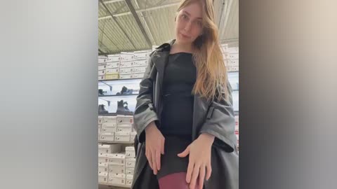 Media: A video of a young woman with long, blonde hair, wearing a black dress and a gray coat, standing in a warehouse with rows of white shelves in the background.