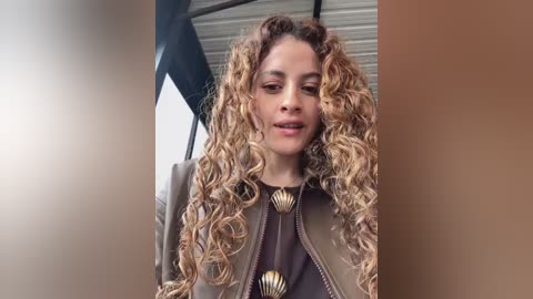 Video of a young woman with voluminous, curly, blonde hair, wearing a beige jacket with gold shell buttons. She stands indoors against a metal ceiling, smiling softly.