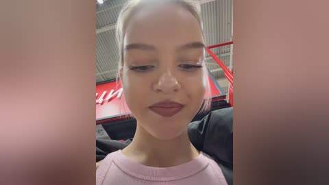 Video of a light-skinned, blonde woman with a light pink top, wearing makeup. She has a serene expression, with subtle, natural makeup. The background includes a red wall with white text and a gray ceiling.