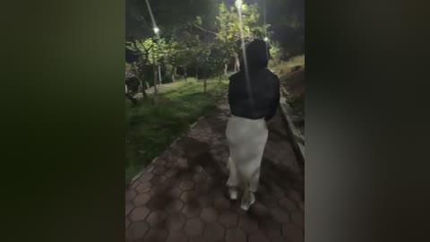 A nighttime video of a woman walking away on a stone path, wearing a black jacket and white skirt, surrounded by lush greenery and dimly lit trees.