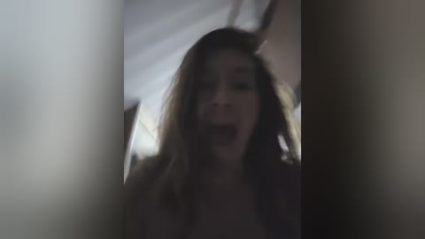 Video of a blurry, pale-skinned woman with long, wavy brown hair, open mouth, possibly screaming, in dim, shadowy background, suggesting a tense or eerie atmosphere.