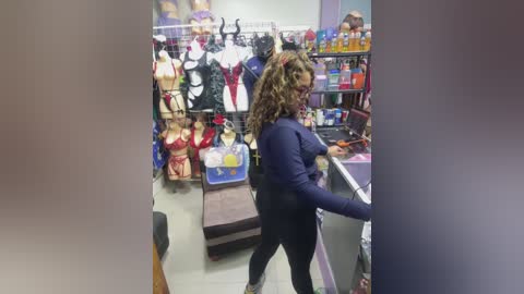 Video of a woman with curly hair, wearing a dark blue jacket and black pants, browsing through a lingerie store. Mannequins and shelves filled with colorful bras and panties in the background.