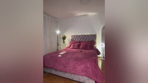 Video of a cozy, well-lit bedroom with a plush, upholstered headboard, magenta bedspread, and matching pillows. White walls, wooden floor, and a small bedside table with a vase of flowers.