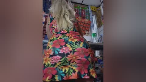 Video of a blonde woman with long hair, wearing a vibrant, floral-patterned dress, standing in a crowded, colorful, tropical-themed store.