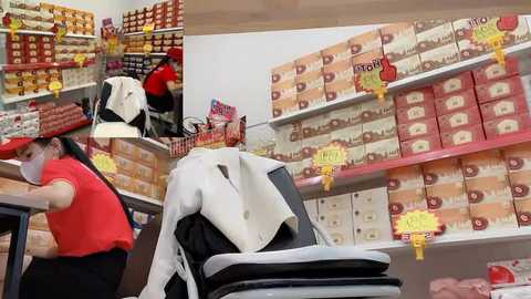 Video of a supermarket aisle showcasing a woman in a red shirt and mask rearranging white and black baby strollers, surrounded by stacks of packaged goods and yellow price tags.
