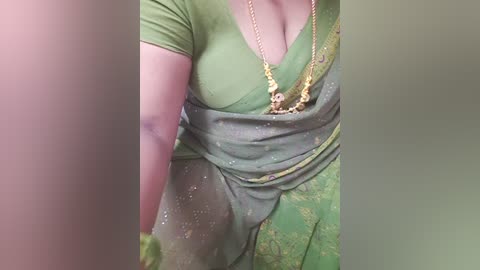 Media: A video of a woman's torso in a green sari, showcasing a gold necklace and a glimpse of a cleavage. The background is blurred.