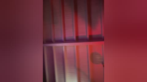 A blurred, close-up video featuring vertical red and white-striped columns, likely in a prison setting, under a dim, red-tinted light. The background is out of focus, emphasizing the columns' stark, linear structure.